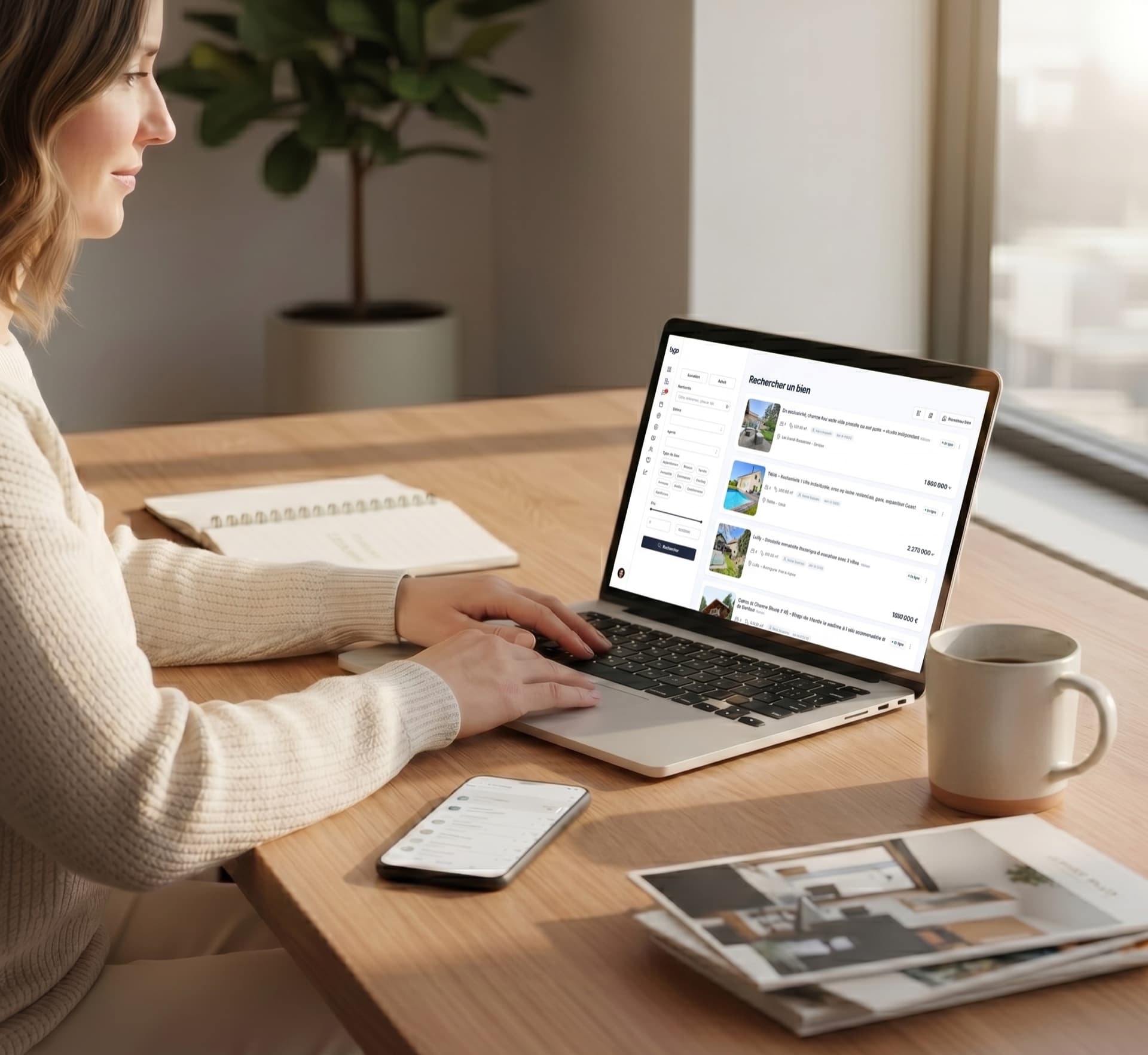 Agente immobilière suisse utilisant le logiciel Lygo pour rechercher des biens grâce à l'IA