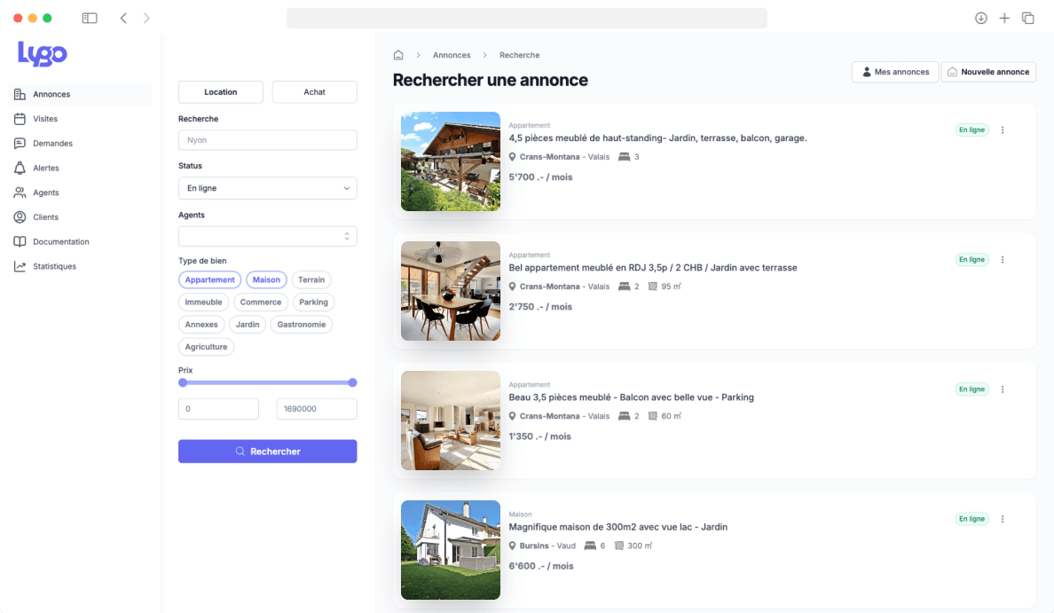 Lygo dashboard, real estate management interface